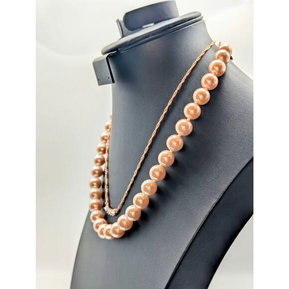 Kenneth J. Lane 12 mm Pink Faux Pearl & Floating CZ Rose Tone Necklaces - Picture 2 of 7